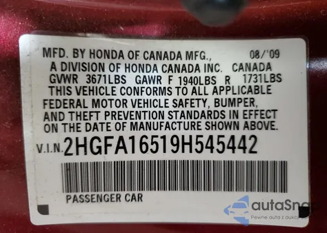 2009 Honda Civic Lx from USA, damaged, VIN 2HGFA16519H545442